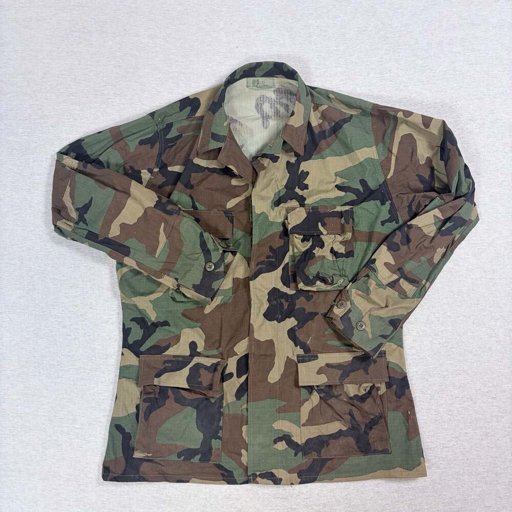 US Military Vintage BDU Jacket Woodland Camo Combat Coat Large Long